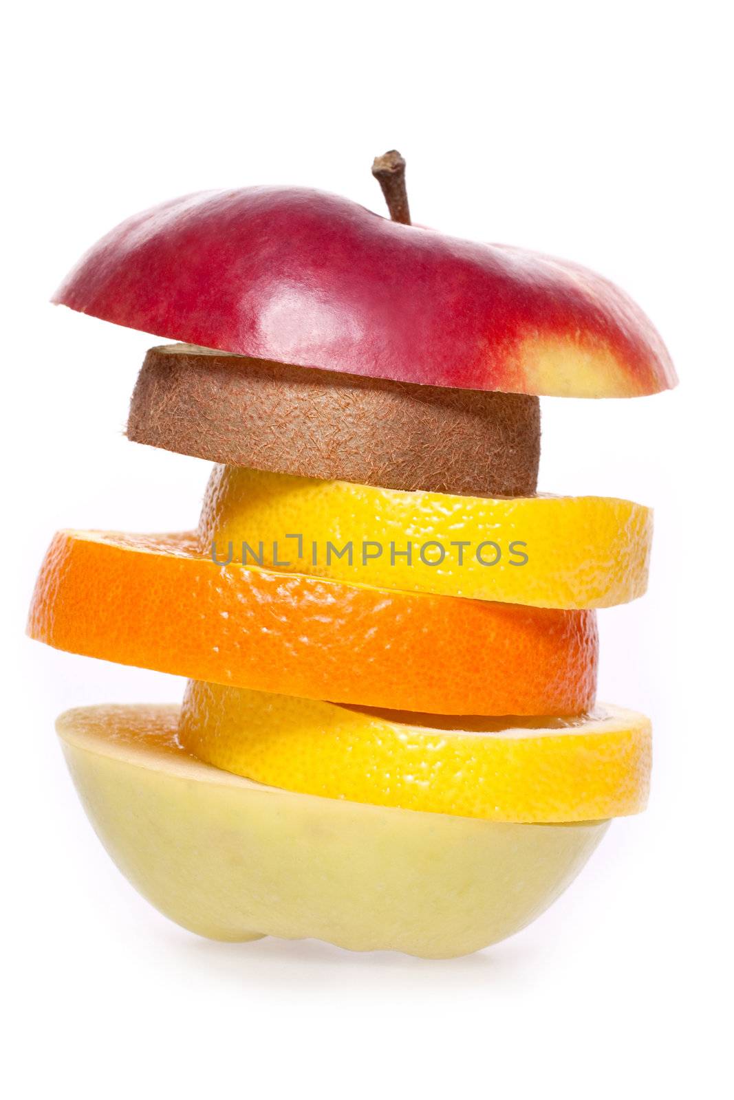 assorted fruits of apple, grapefruit, orange, lemon and kiwi on a white background