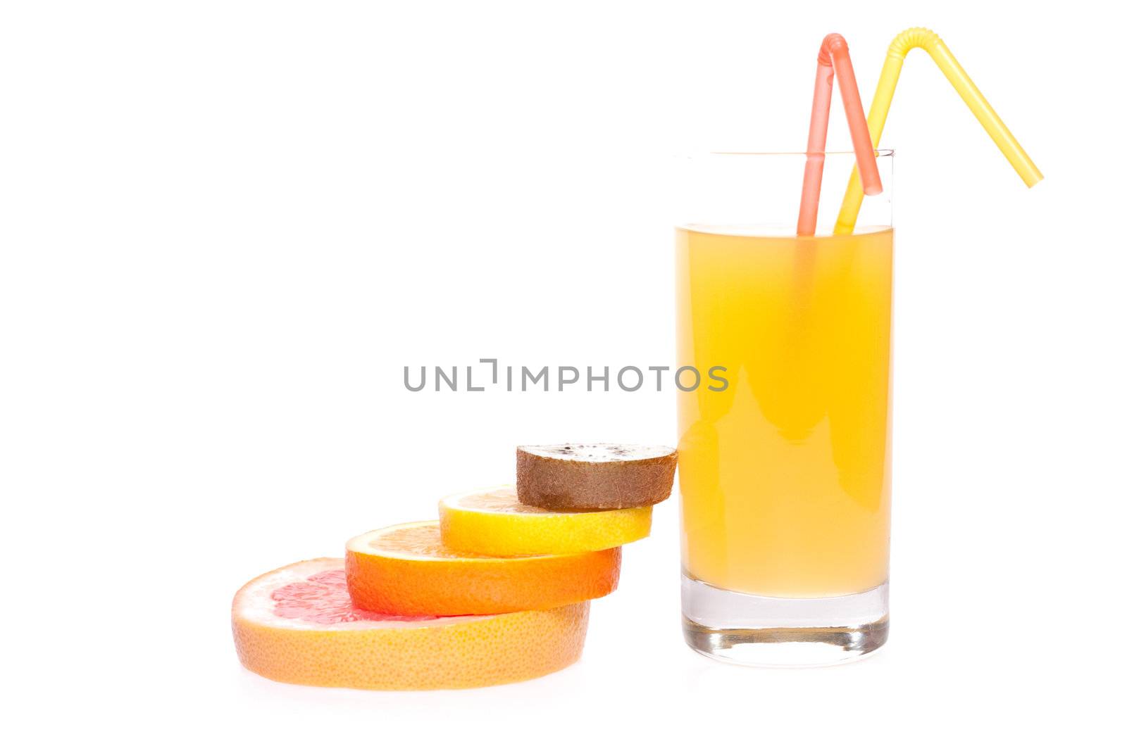 juice in glass with orange, grapefruit, kiwi and lemon on a white background