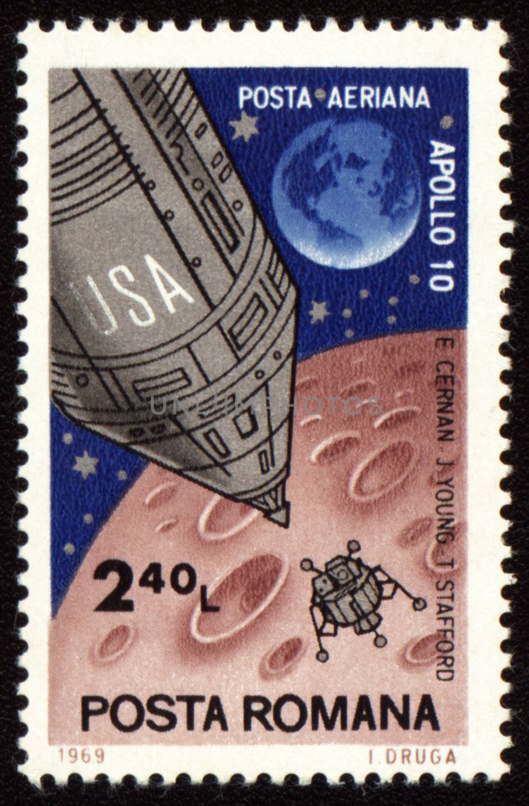 Postage stamp printed in USSR shows Moon expedition of american spaceship Apollo-10