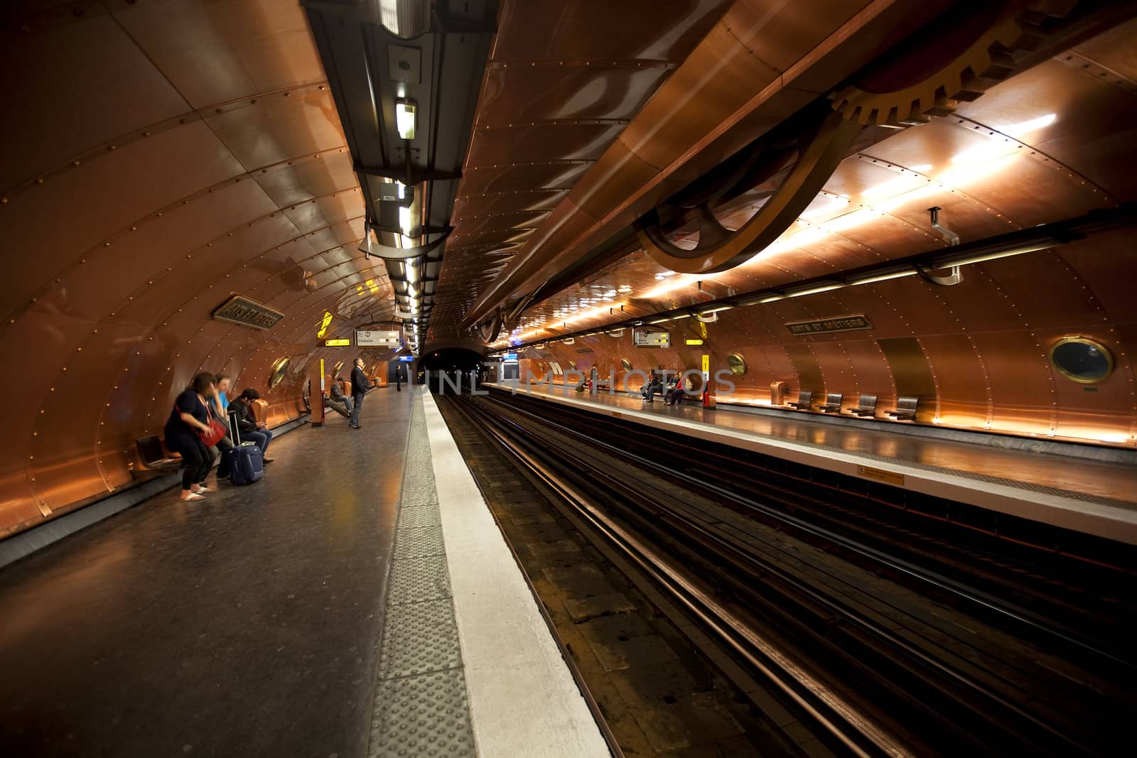 PARIS - MAY 2: Metro station on May 2, 2011 in Paris. Arts et Metiers is a station of the Paris Metro. It takes its name from the Musee des Arts et Metiers. In 1994 it was redesigned in a style reminiscent of the science fiction works of Jules Verne