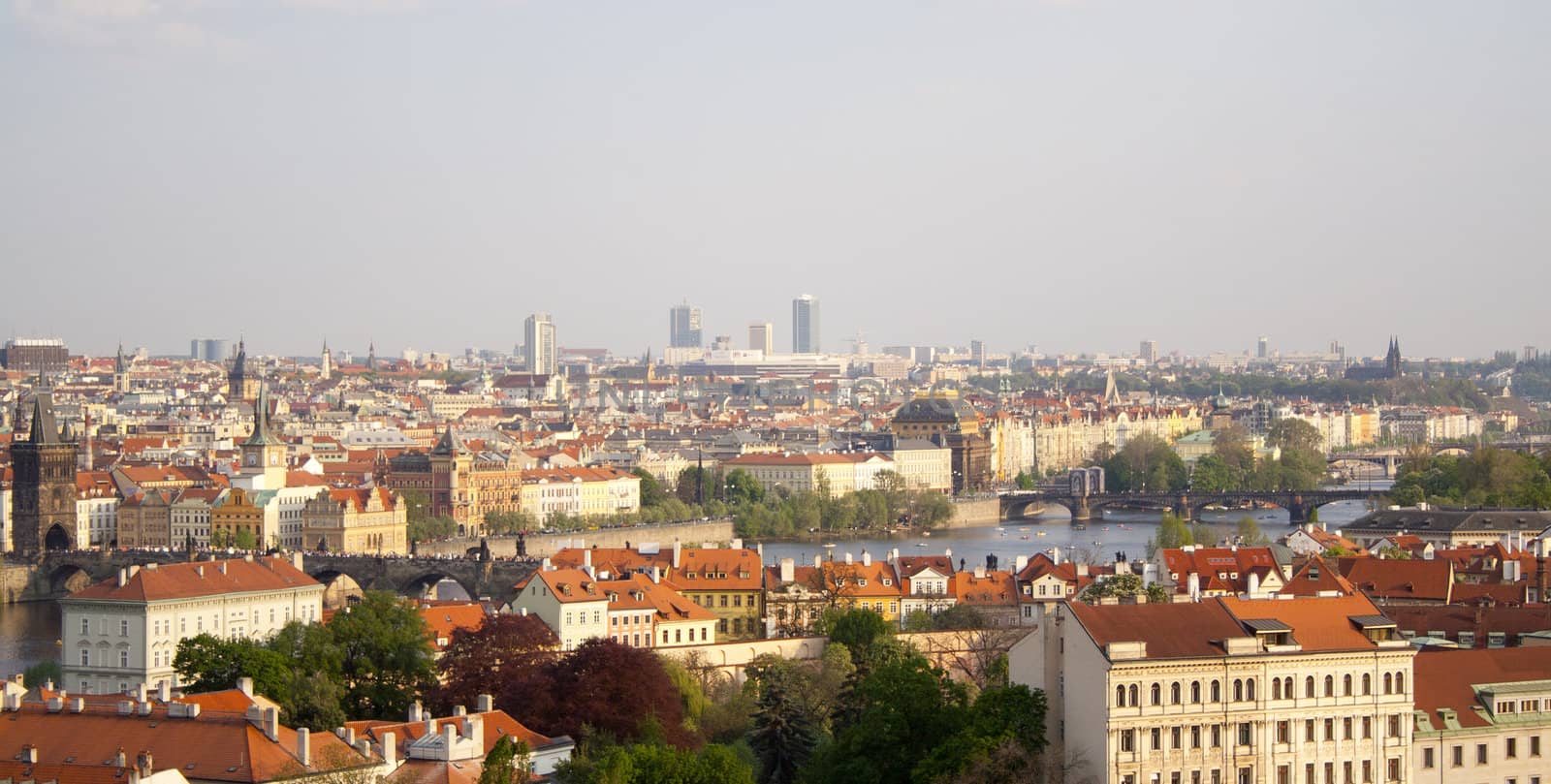 view of Prague, bridge, river. Spring look. top view.