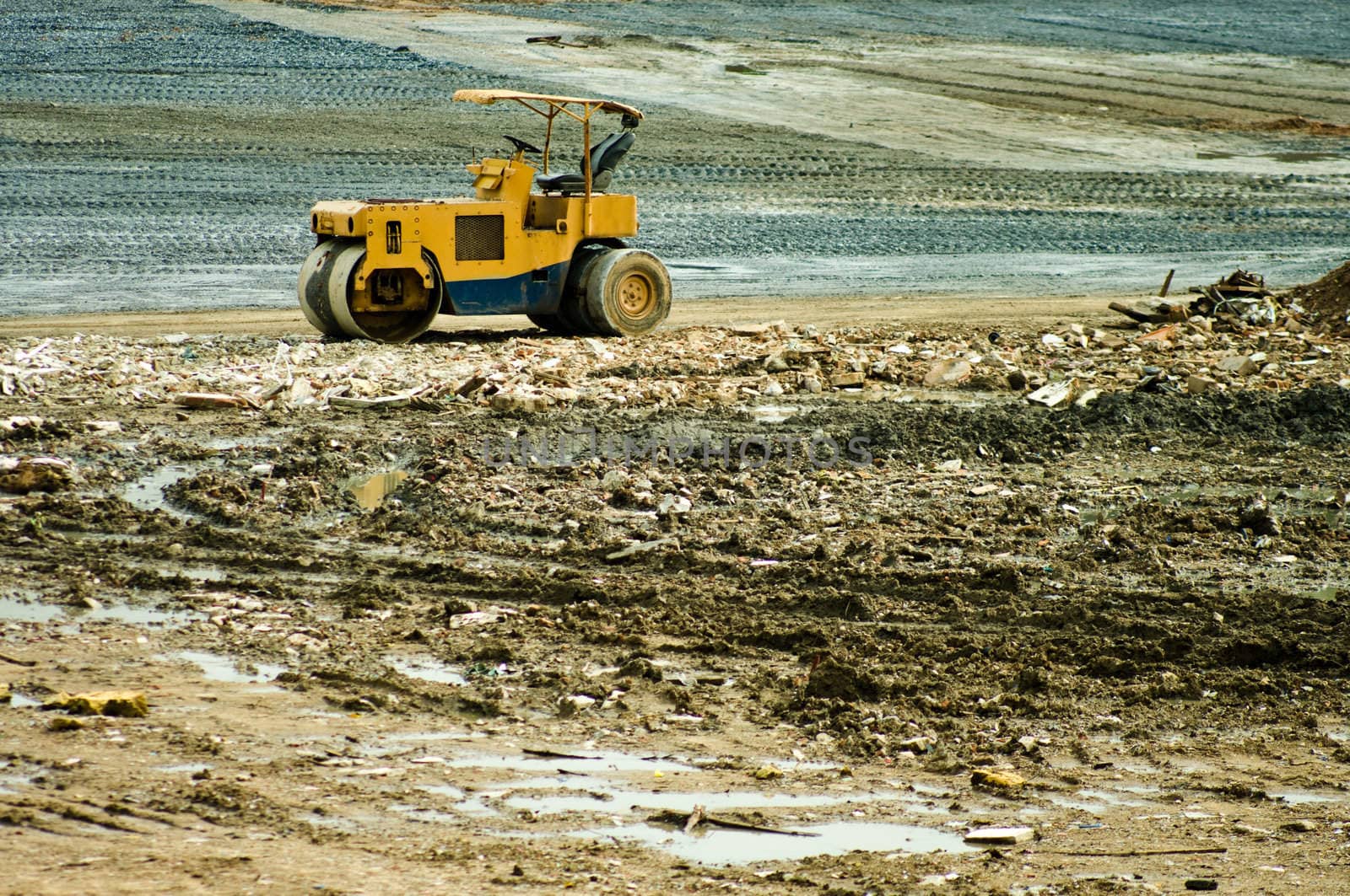 Steamroller on  construction site