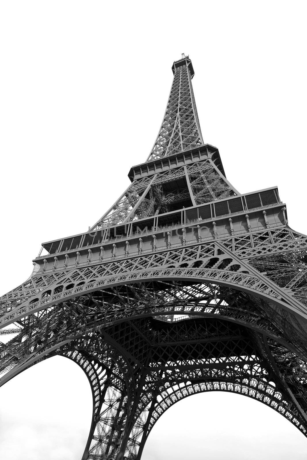 Eiffel tower on white background photographed with wide angel from below