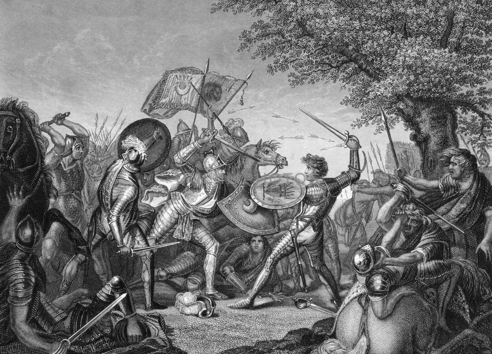 Battle of Humbleton Hill on engraving from the 1800s. Conflict between the English and Scottish in 1402. Engraved after a painting by J.Graham and published by J.& F.Tallis.