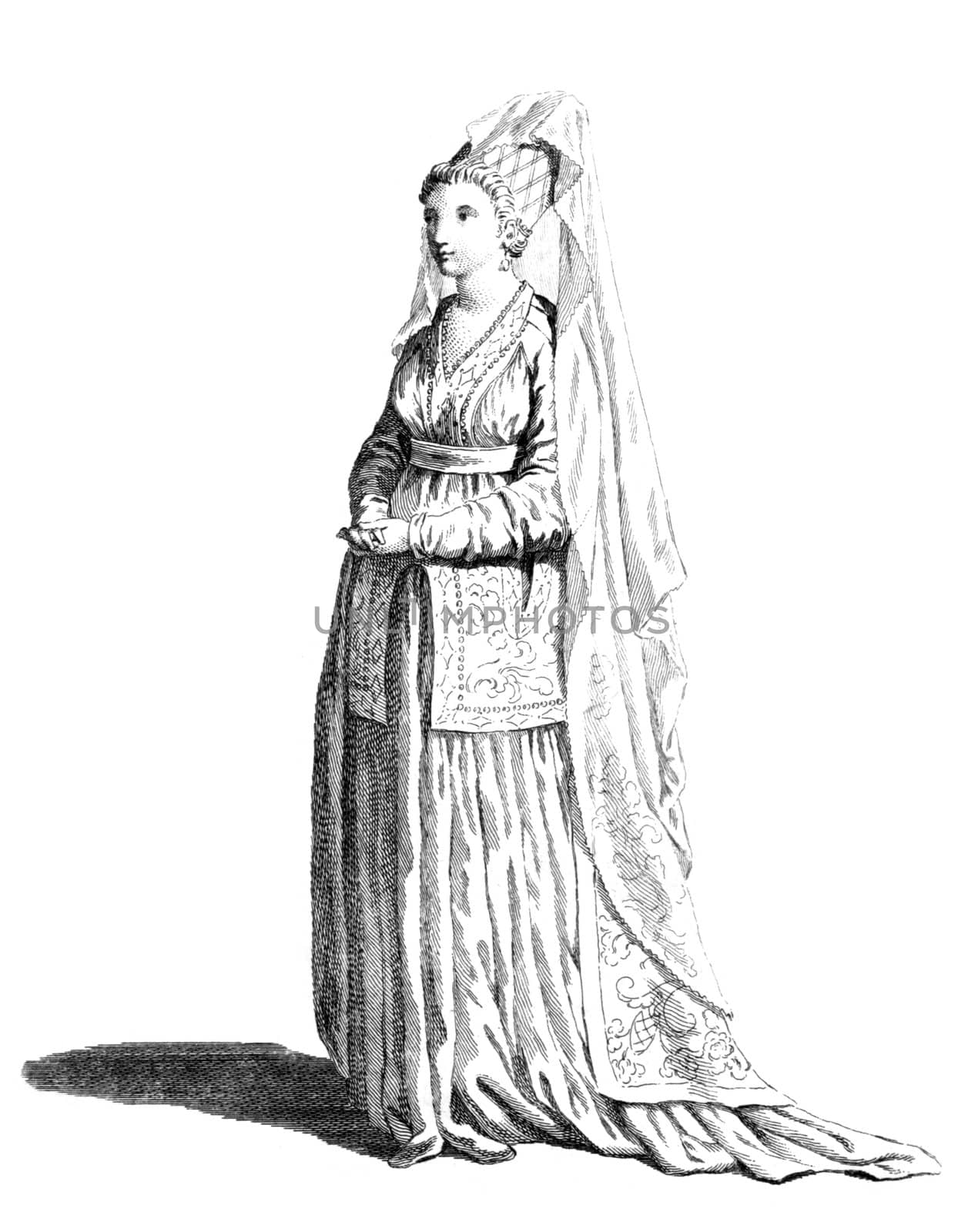 Dress of a noble lady of Syria in 1581 on engraving from the 1700s.
