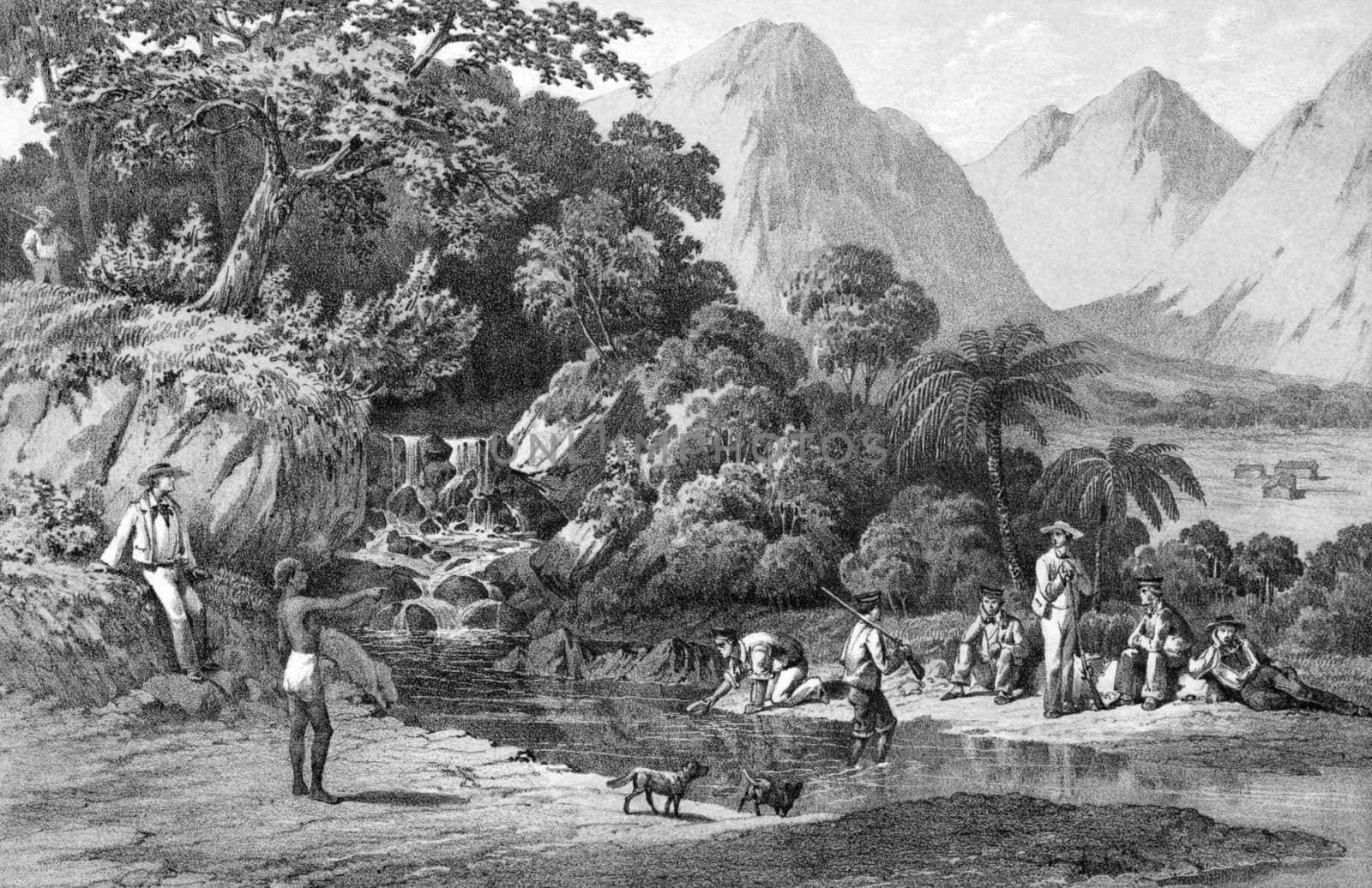 Expedition of an American squadron while in Kanaka Village, Bonin Islands, Japan on engraving from 1856. Engraved by Duval after a drawing by Heine.