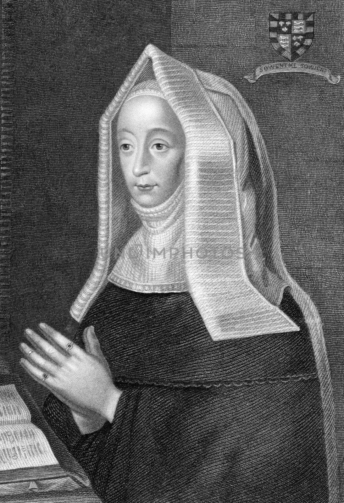 Lady Margaret Beaufort (1441/1443-1509) on engraving from 1838. Mother of King Henry VII and grandmother of King Henry VIII. Engraved by W.H.Mote and published by J.Tallis & Co.