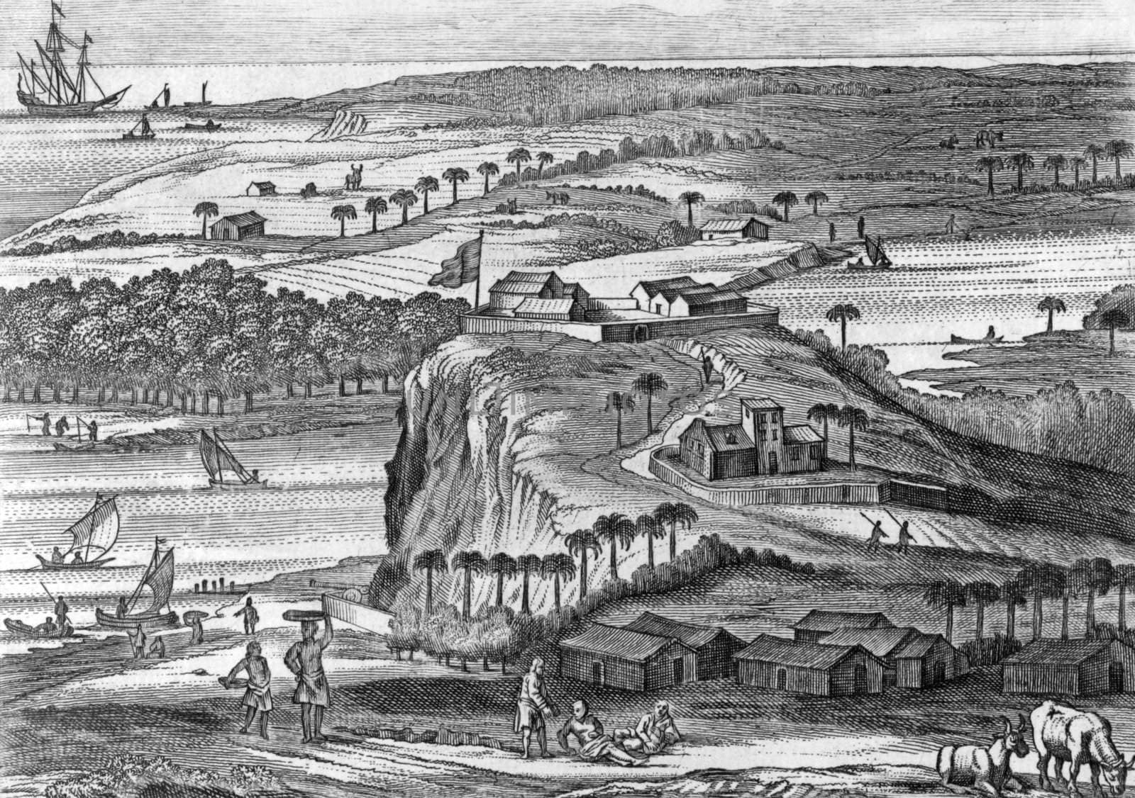 The fortress of Kalutara in Sri Lanka on engraving from 1672. Engraved by Baldaeus and published in his book Description of the Isle of Ceylon.