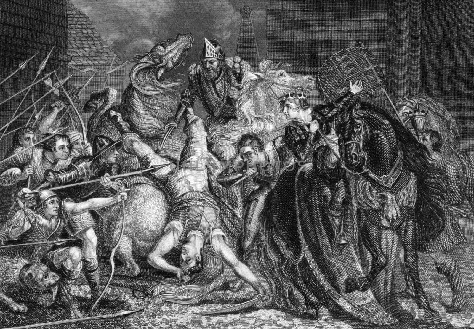 William Walworth Lord Mayor of London Killing Wat Tyler in Smithfiled in 1381 on engraving from the 1800s.  Engraved by J.Rogers after a painting by J.Northcote and published by J.& F.Tallis.