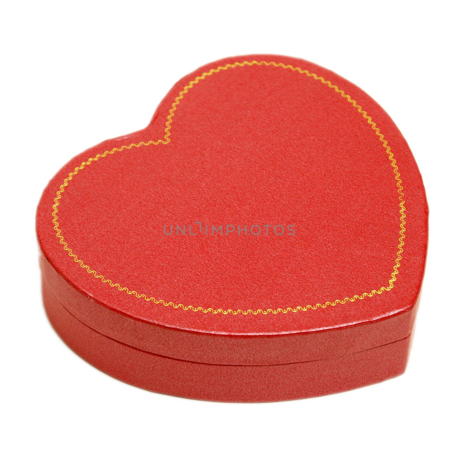 An isolated shot of a red heart shaped box.