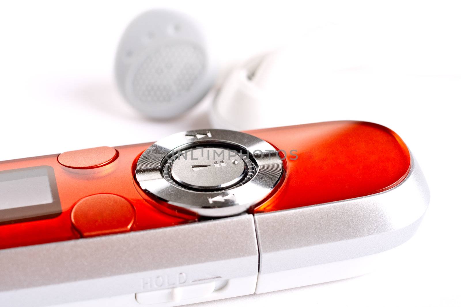 mp3 player with headphoneson on a white background