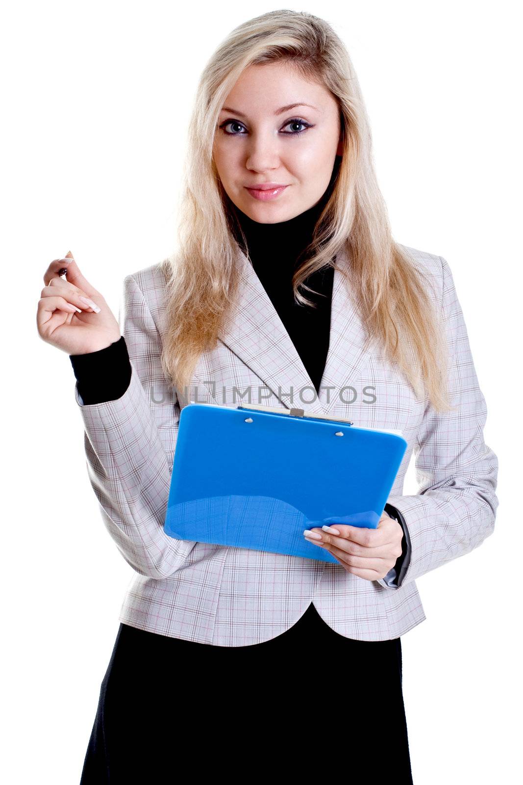 business woman in a jacket with clipboard on a white background