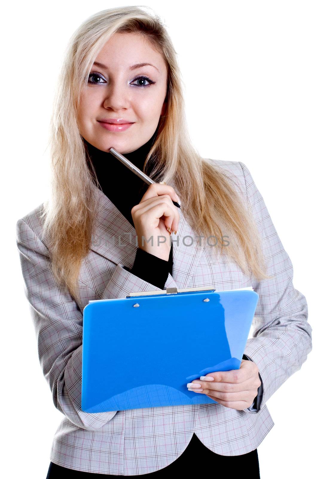 business woman in a jacket with clipboard on a white background