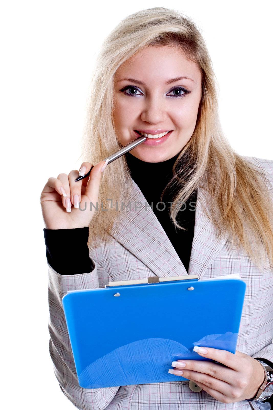 business woman in a jacket with clipboard on a white background