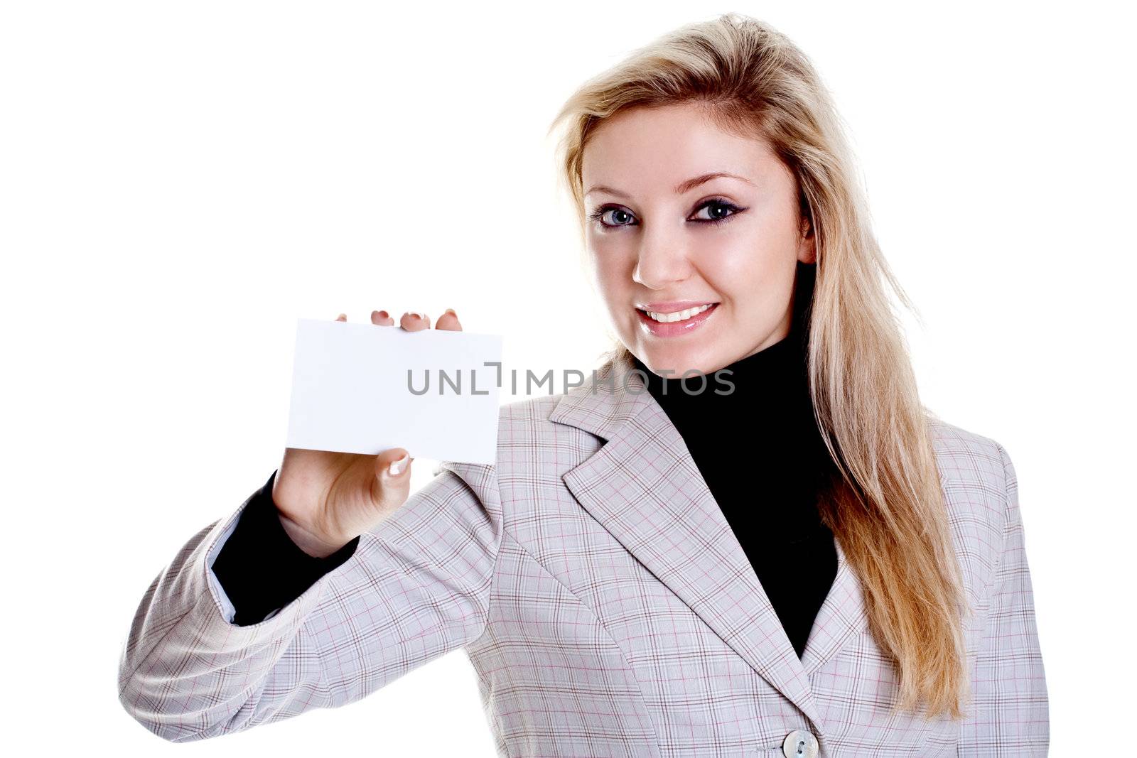 young business woman with business card on a white background