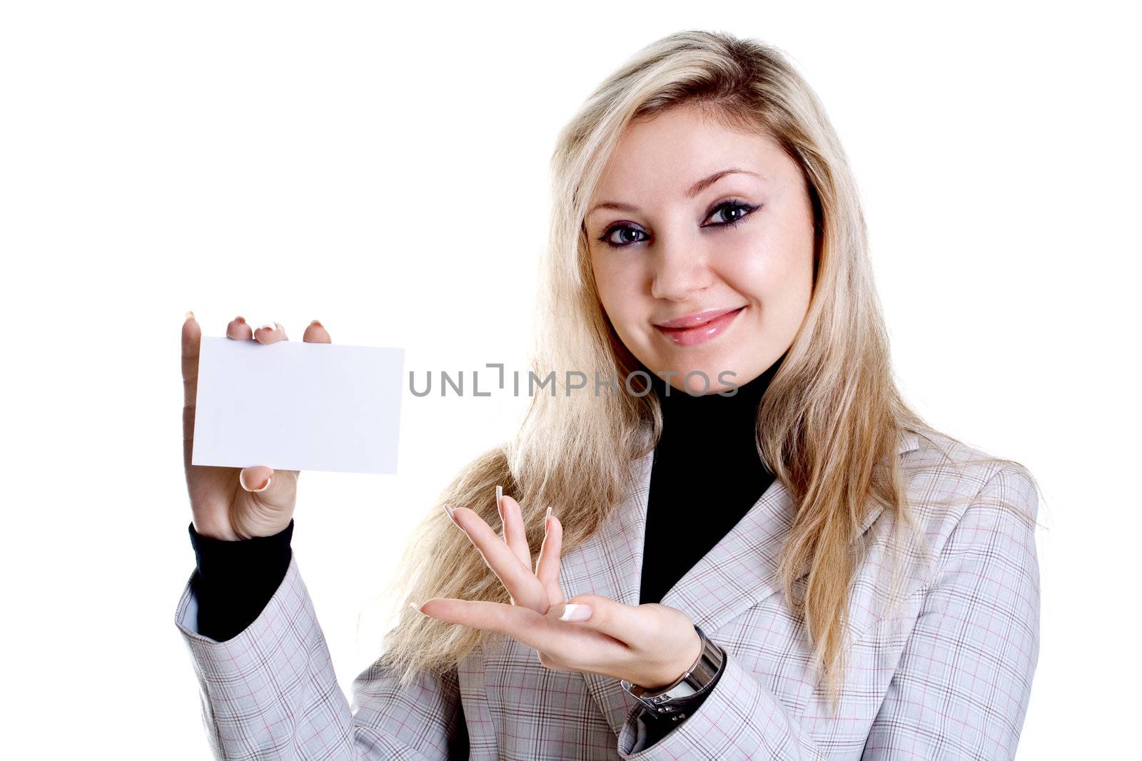 young business woman with business card on a white background