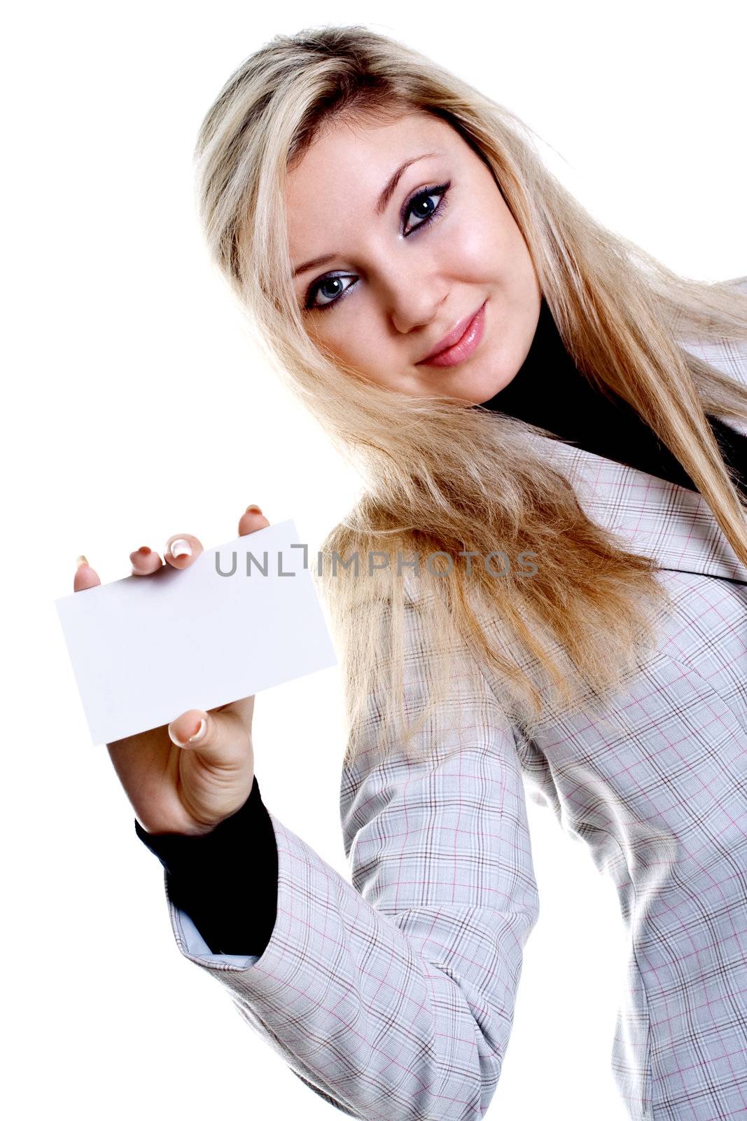 young business woman with business card on a white background