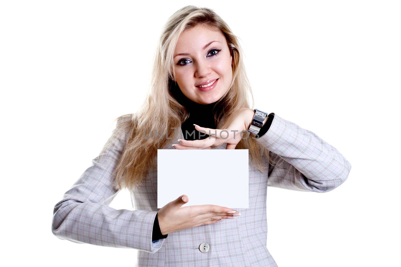 young business woman with business card on a white background