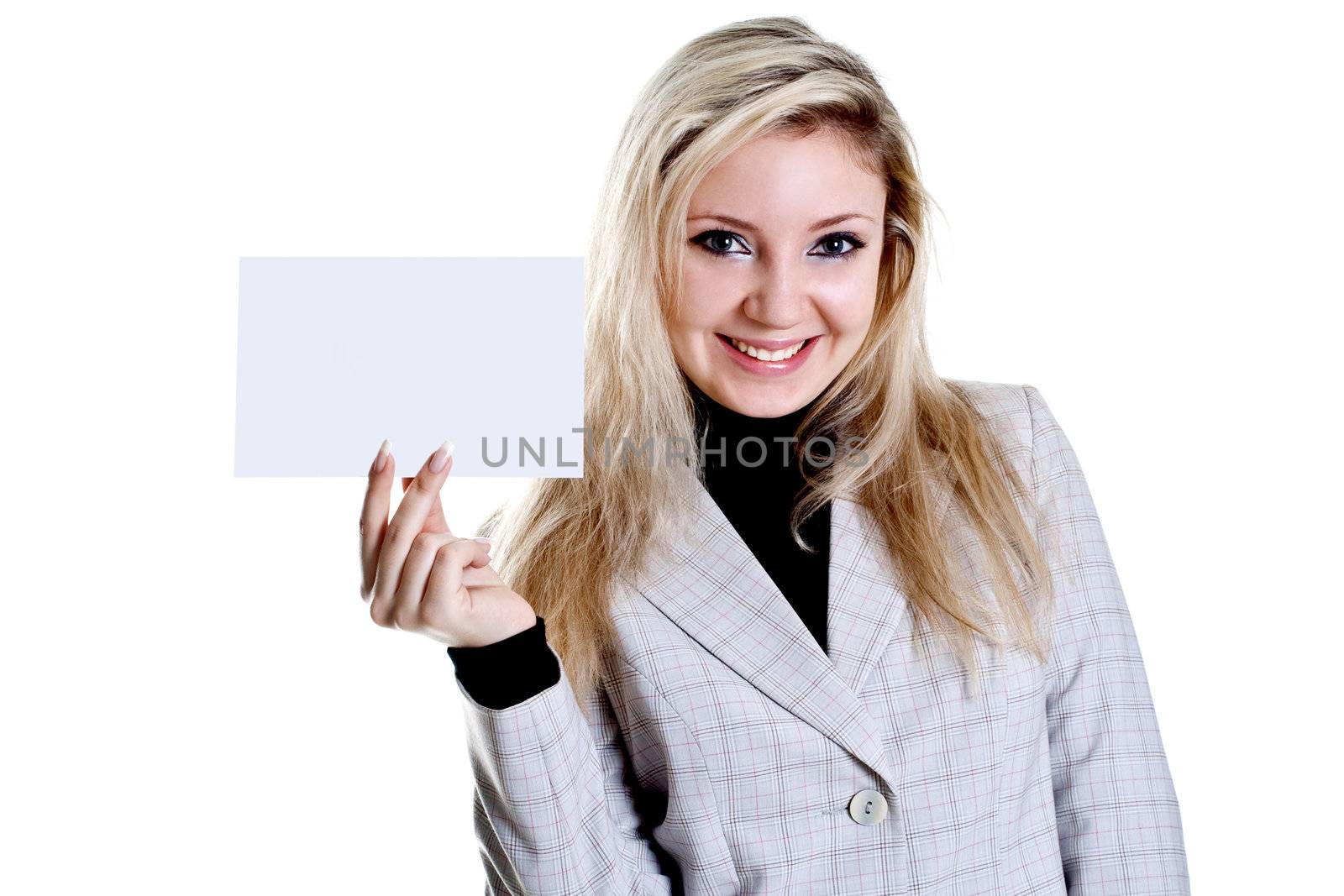 young business woman with business card on a white background