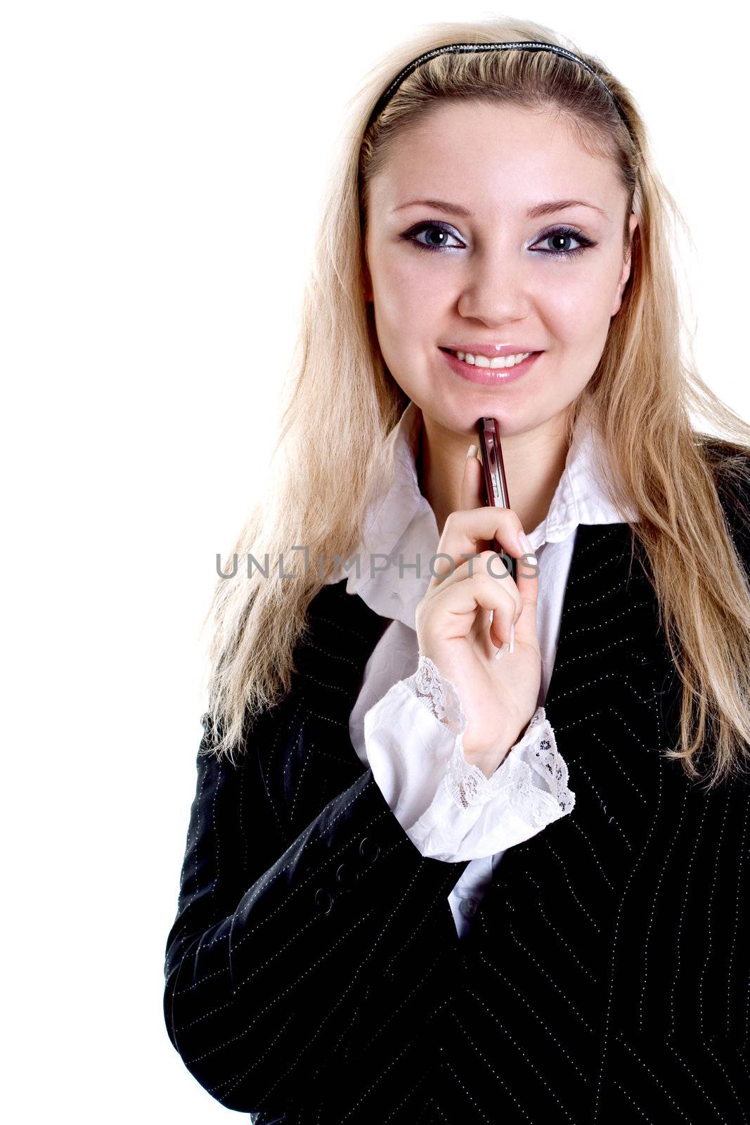 young woman using cellphone om a white background