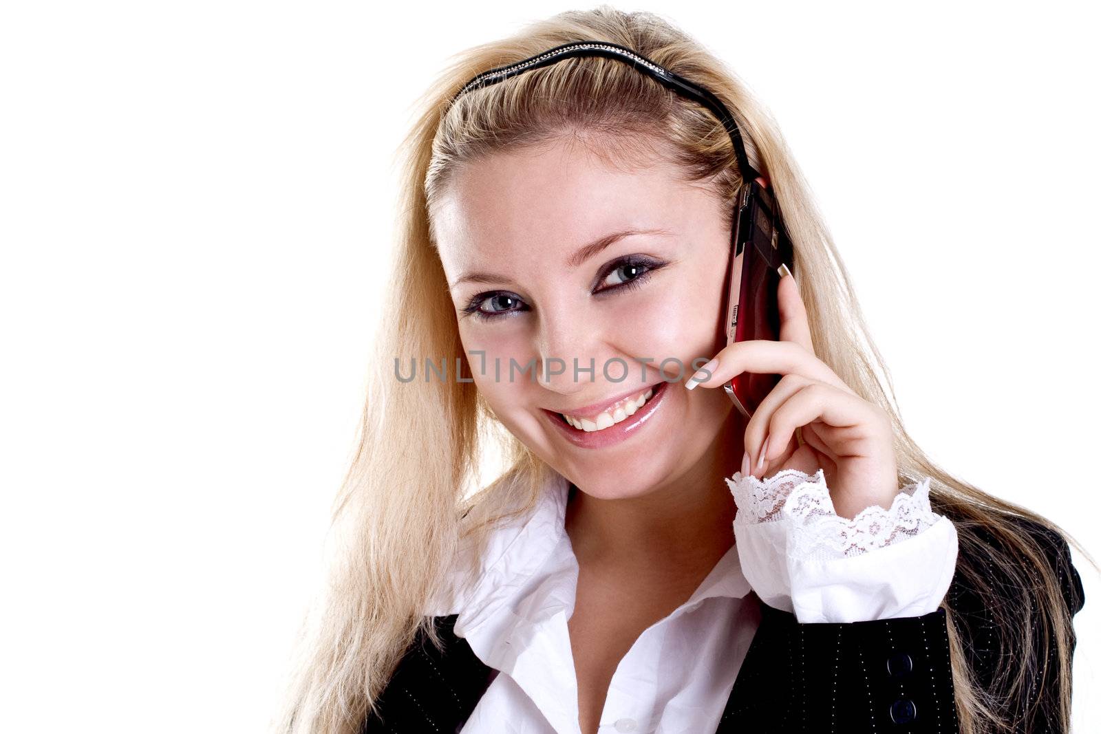 young woman using cellphone om a white background