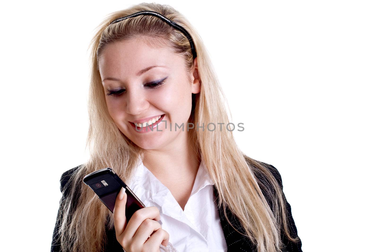 young woman using cellphone om a white background