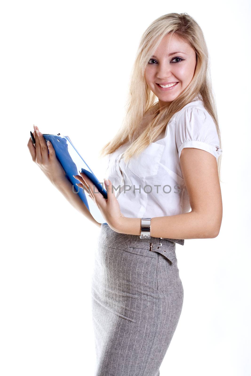 business woman in a suit with clipboard on a white background