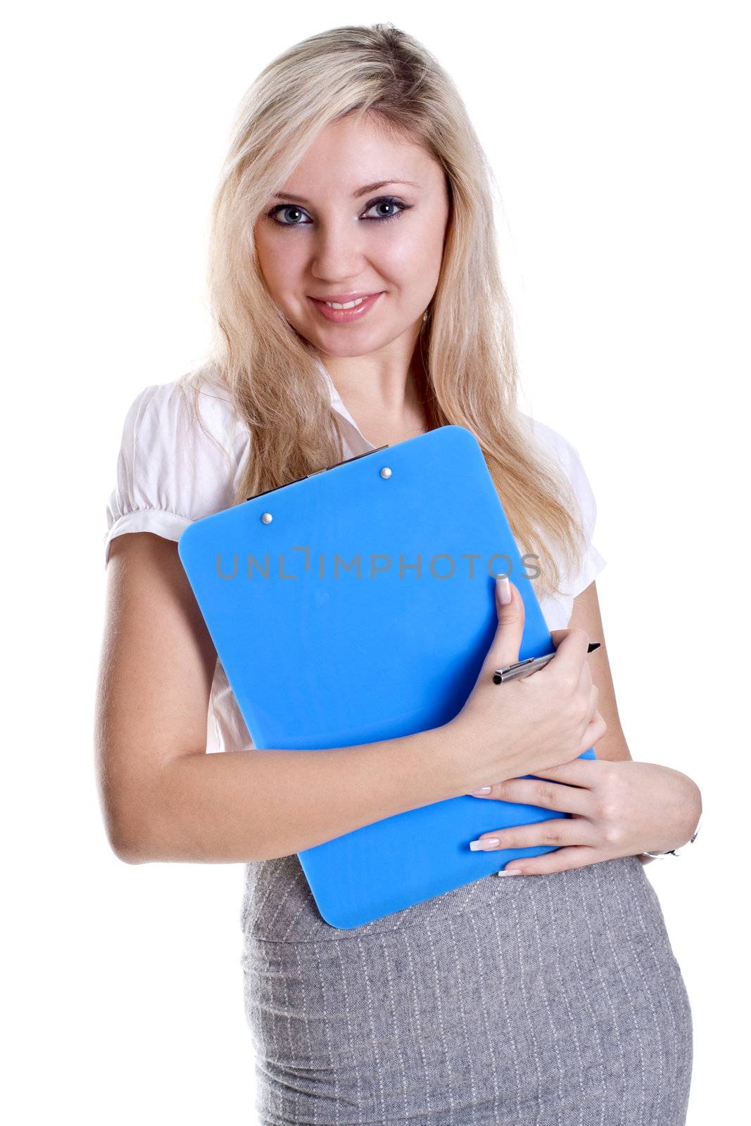 business woman in a suit with clipboard on a white background