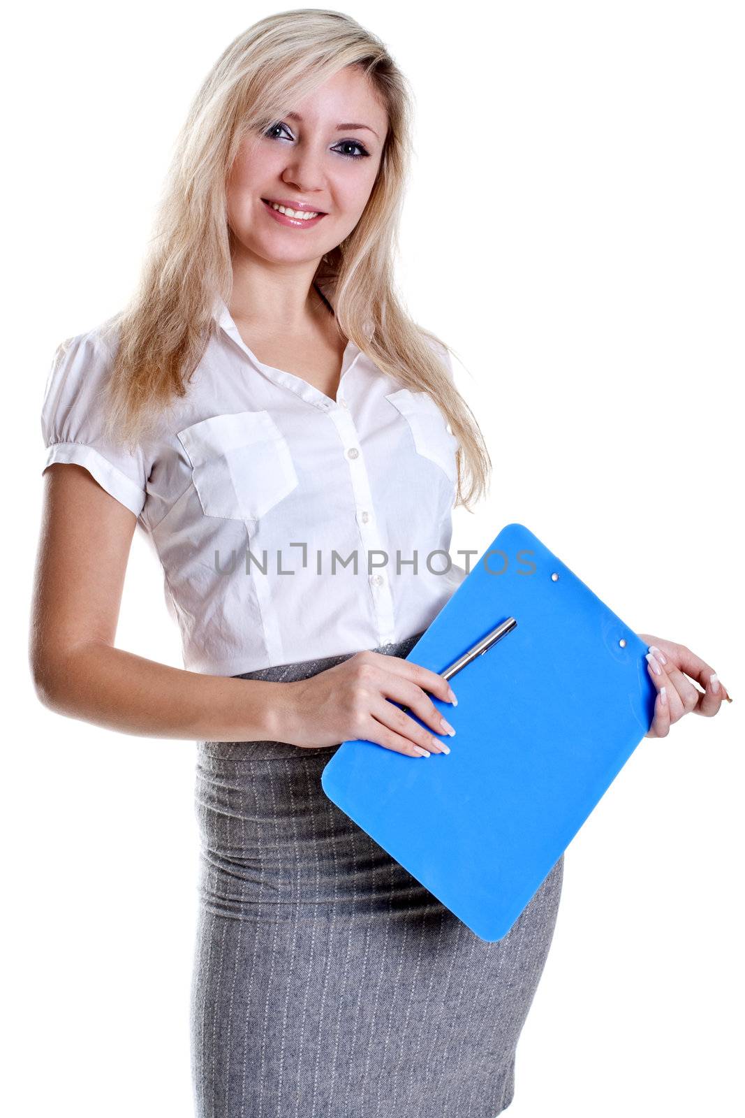 business woman in a suit with clipboard on a white background