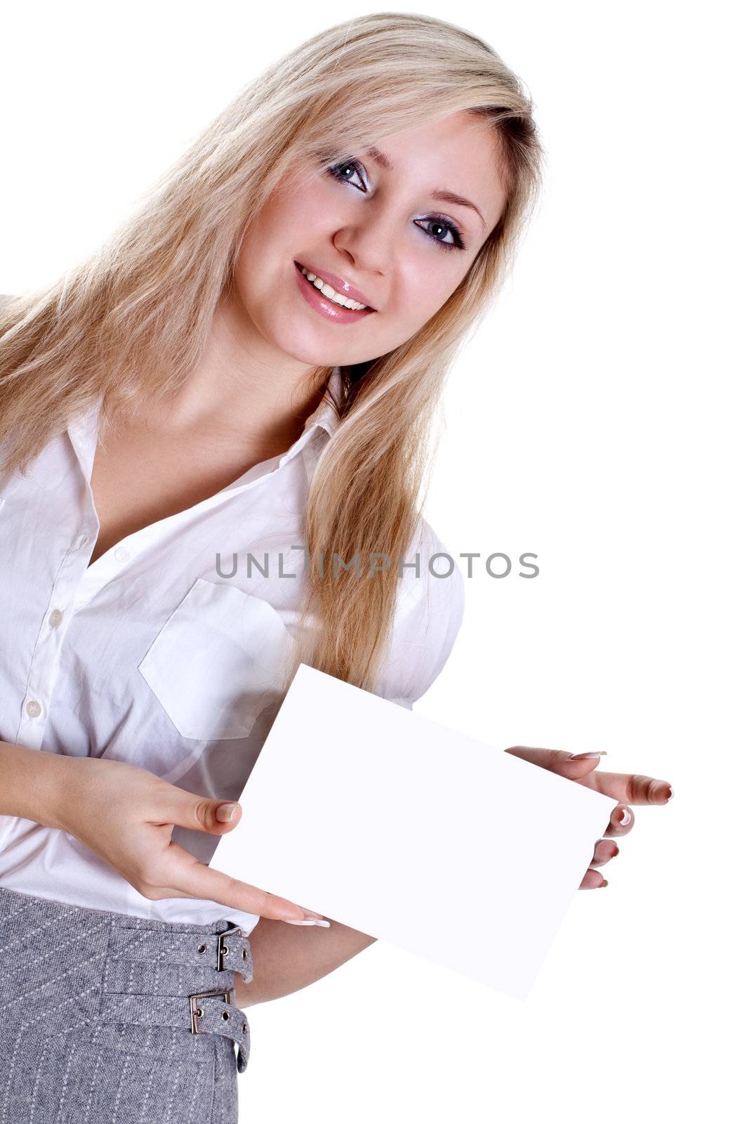 young business woman with business card on a white background