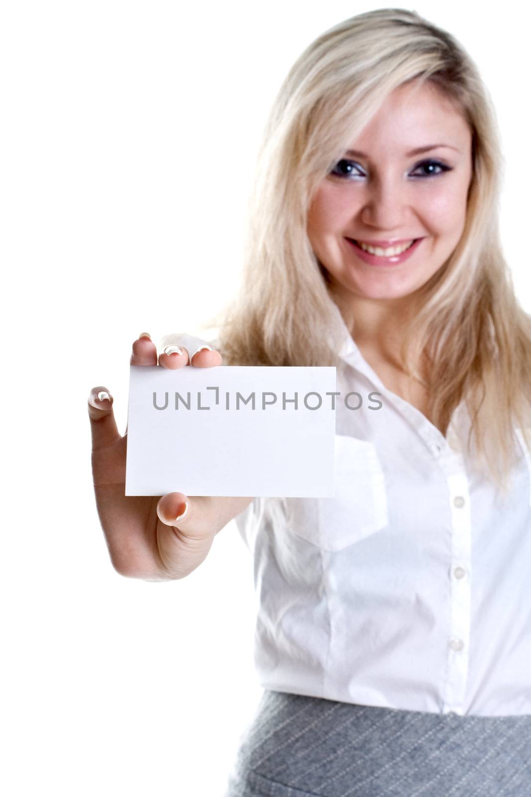 young business woman with business card on a white background