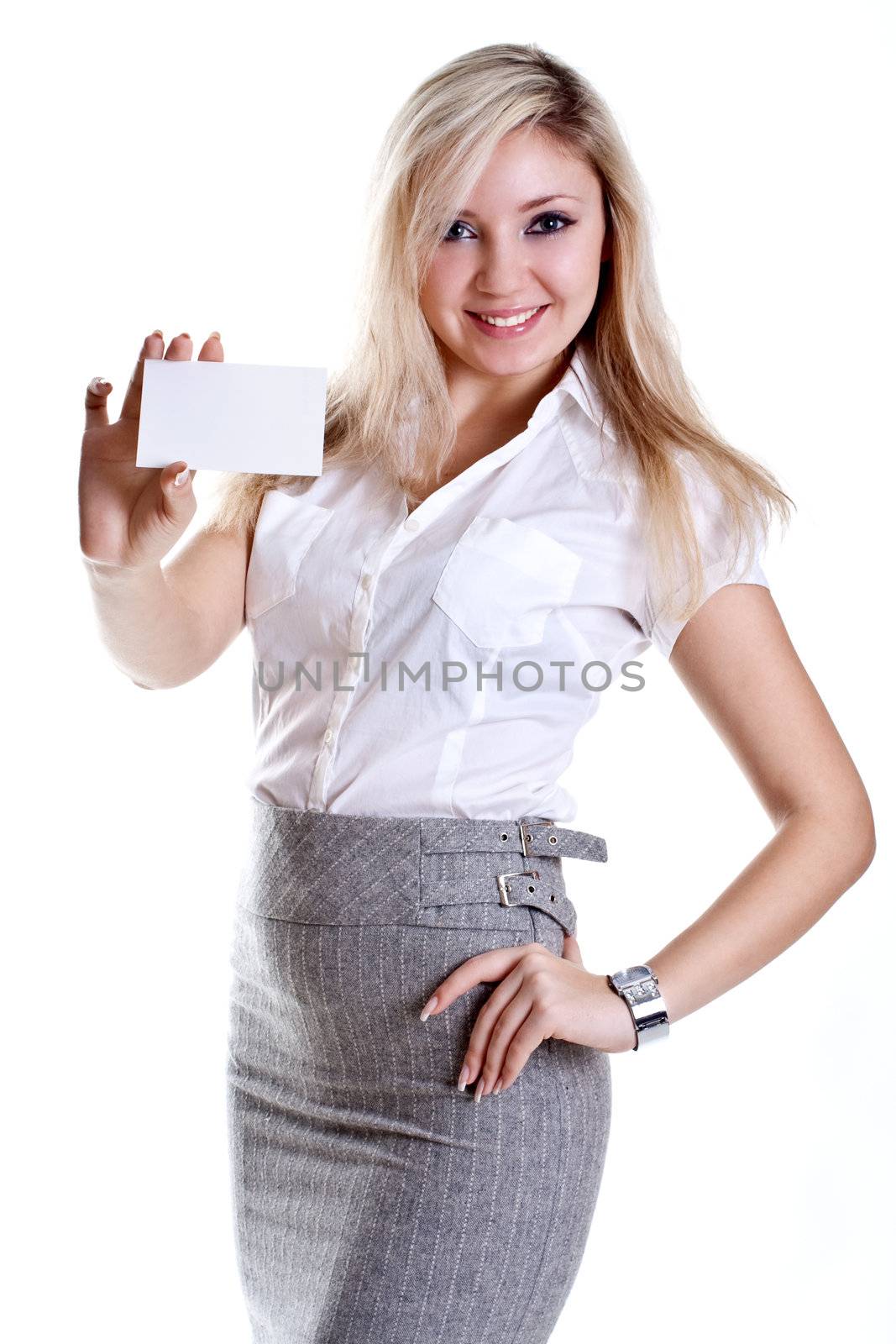 young business woman with business card on a white background