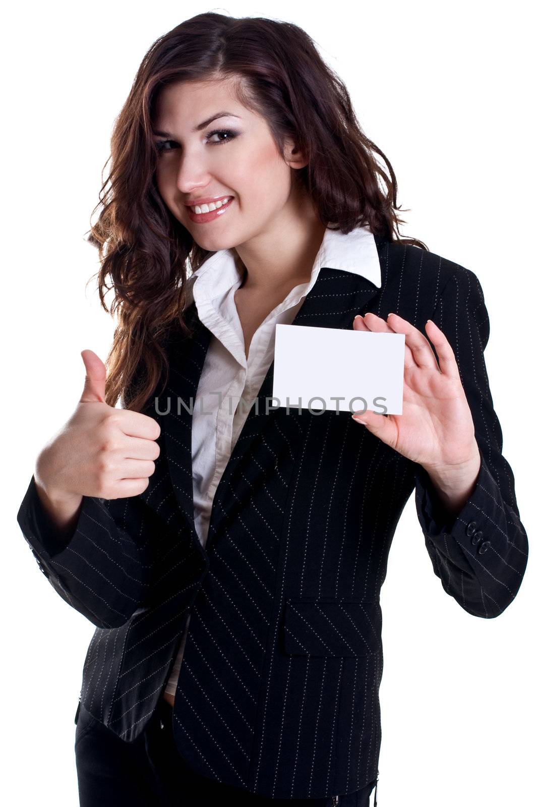 young business woman with business card on a white background