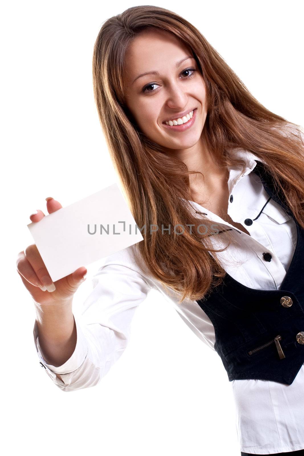 young business woman with business card on a white background