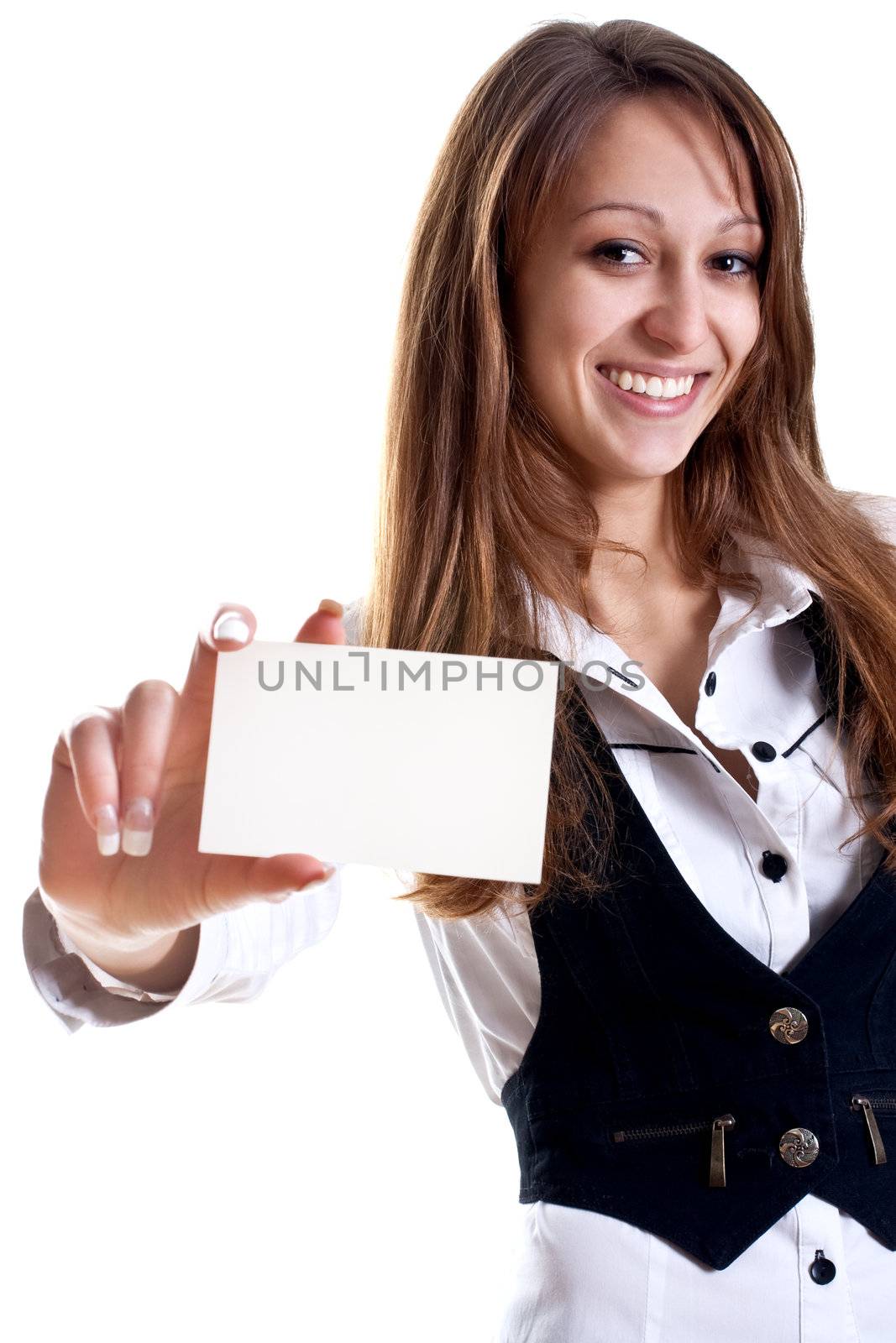 young business woman with business card by Lupen