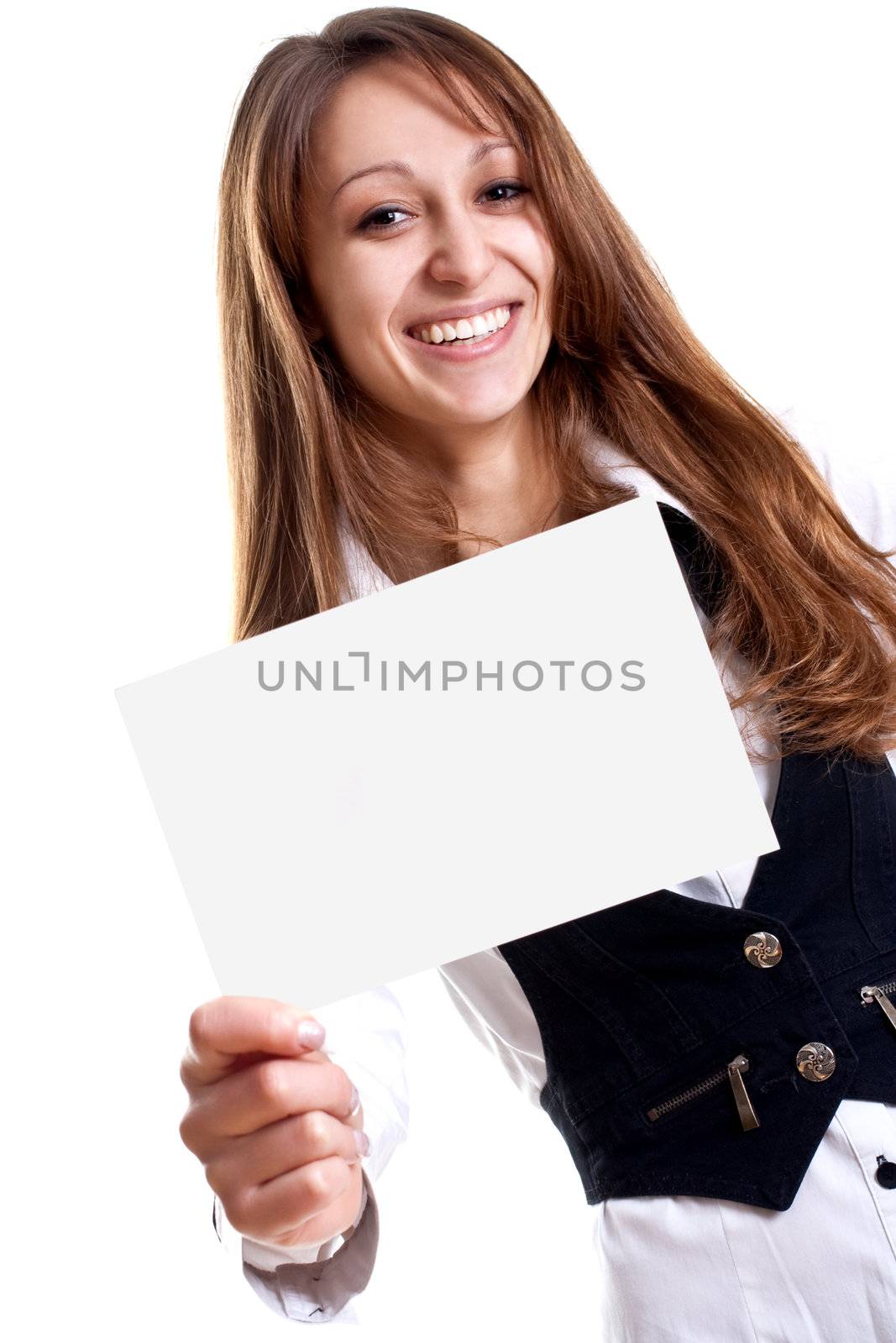 young business woman with business card on a white background