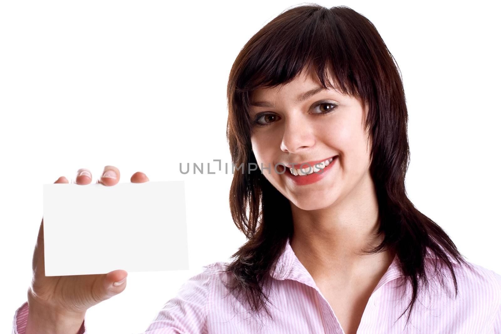 young woman with business card on a white background