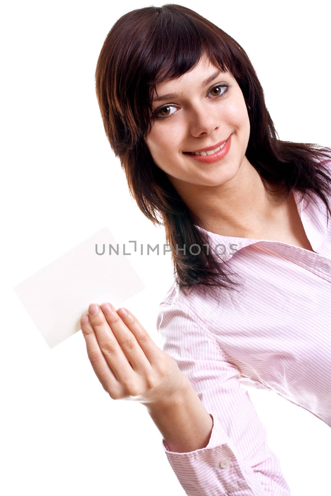 young woman with business card on a white background