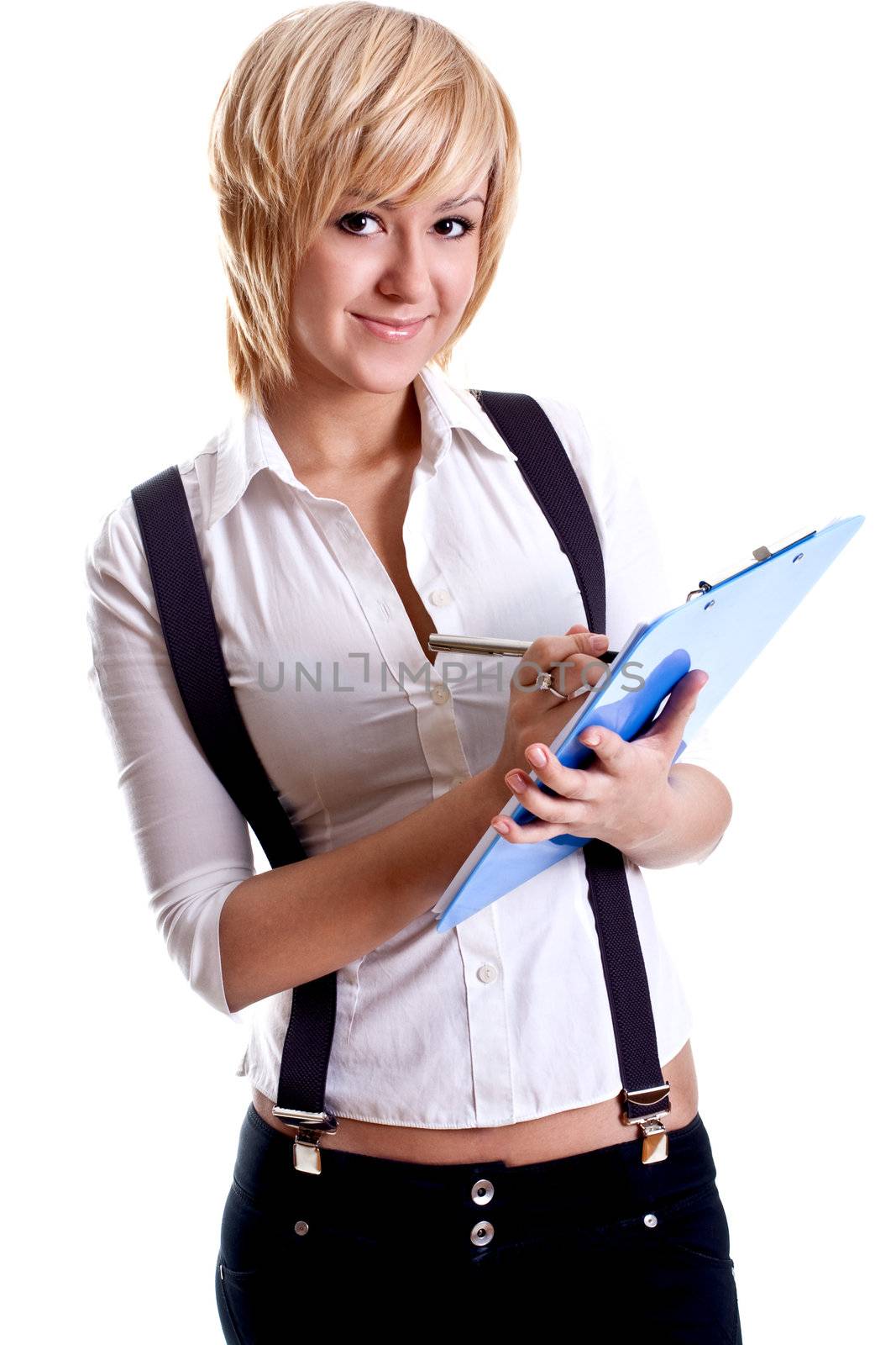 business woman in a suit with clipboard on a white background