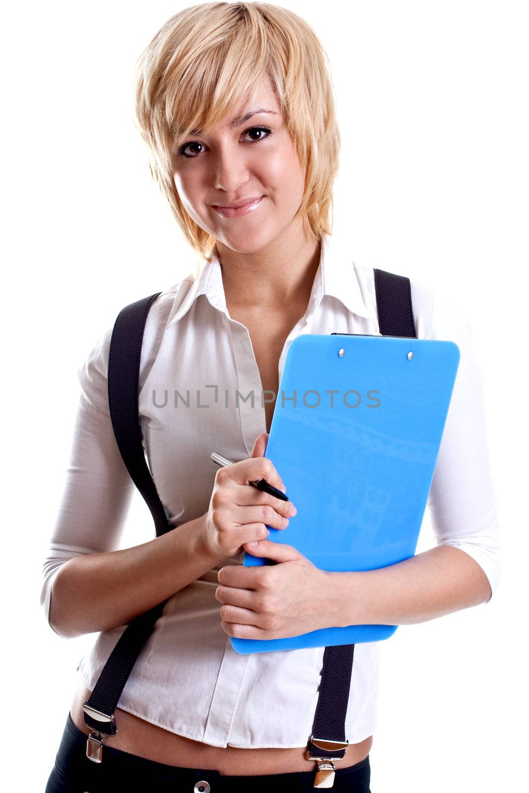 business woman in a suit with clipboard on a white background