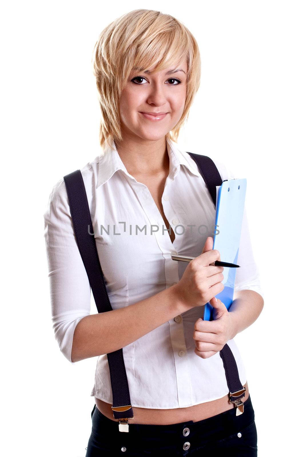 business woman in a suit with clipboard on a white background