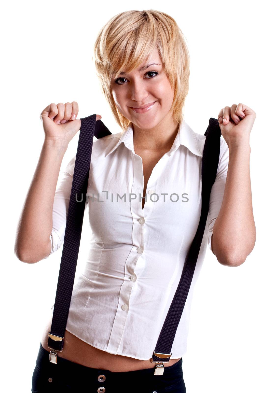 business woman in a suit on a white background