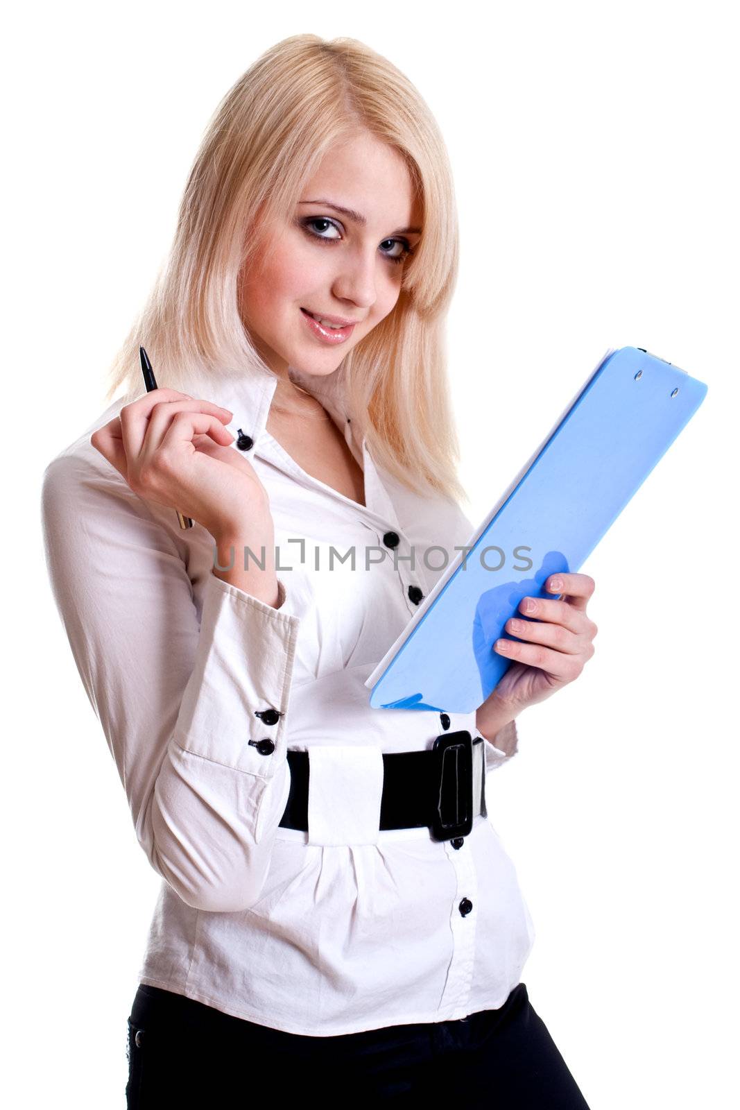 business woman in a suit with clipboard on a white background