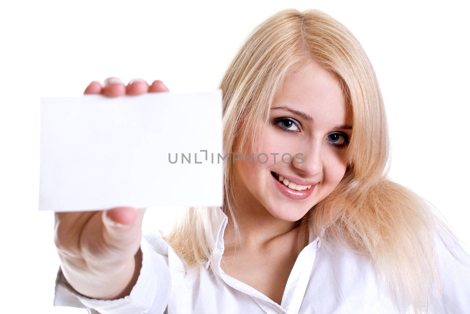young business woman with business card by Lupen