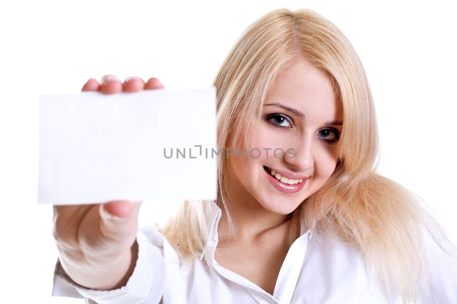 young business woman with business card on a white background