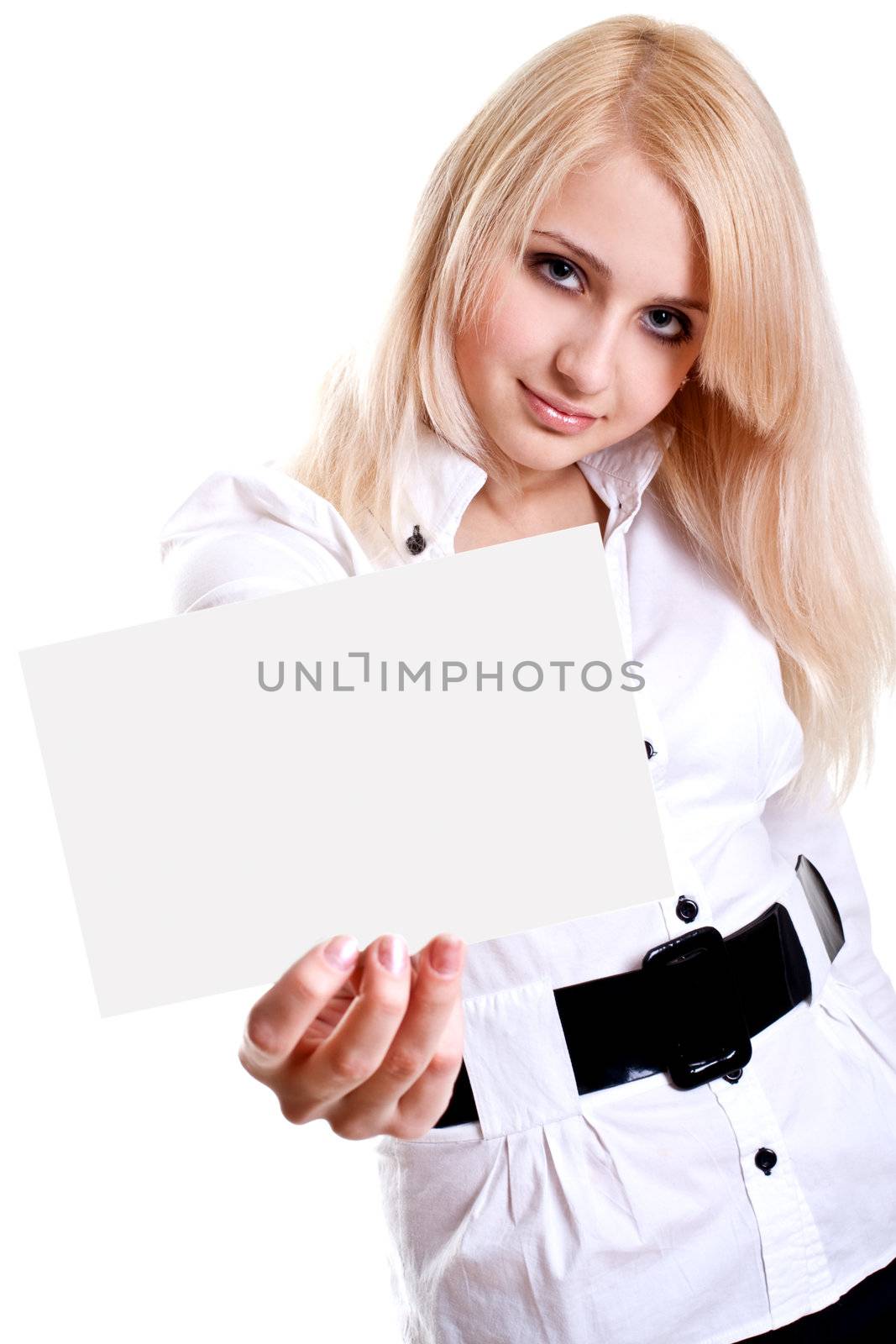 young business woman with business card on a white background