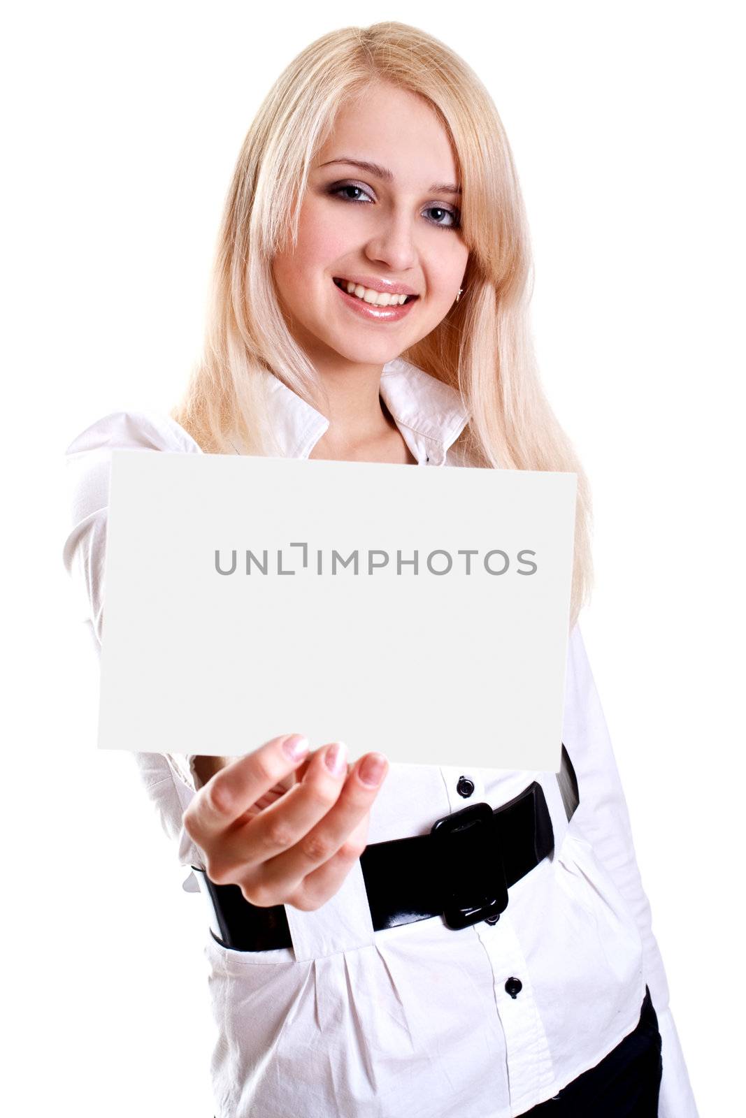 young business woman with business card on a white background