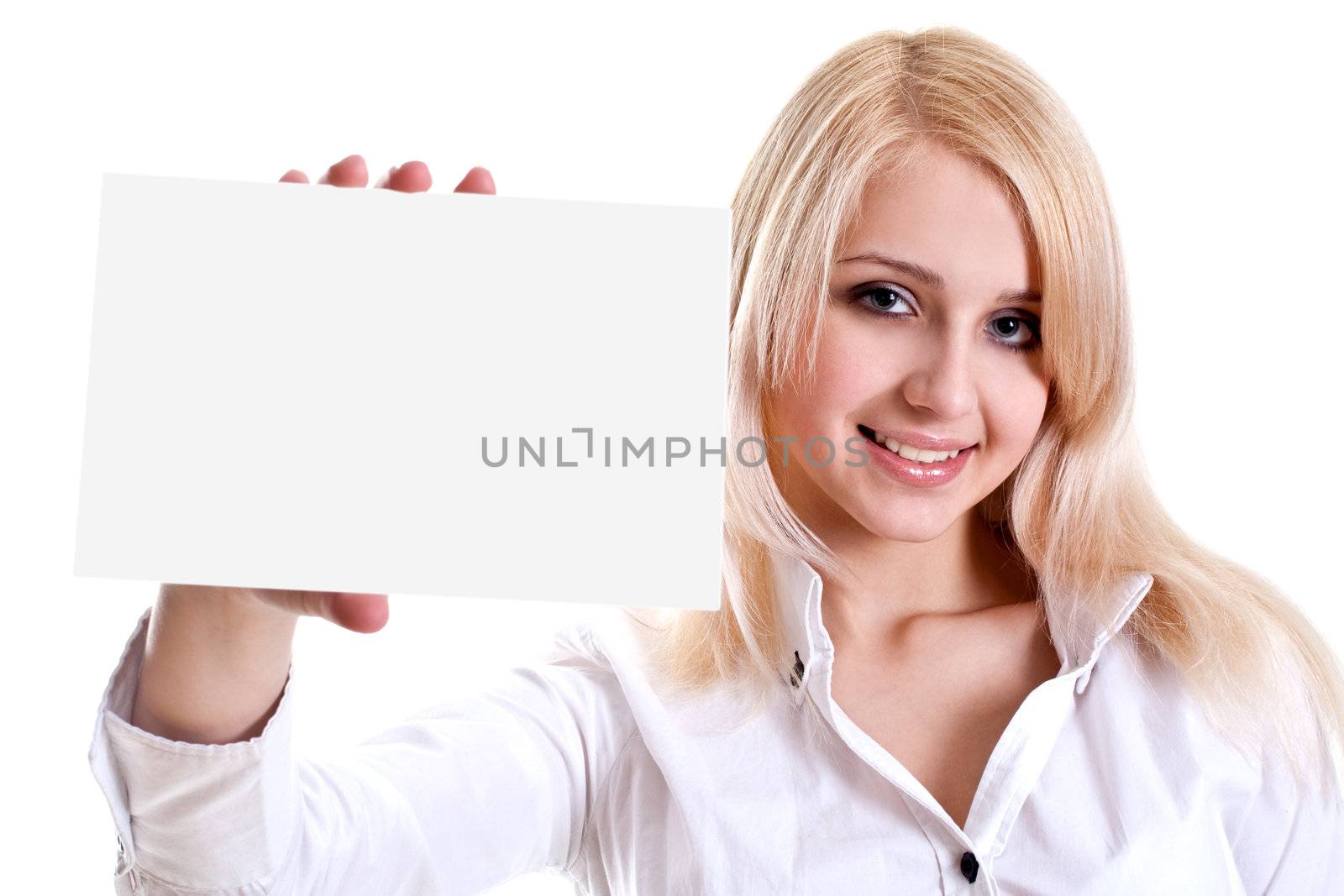 young business woman with business card on a white background