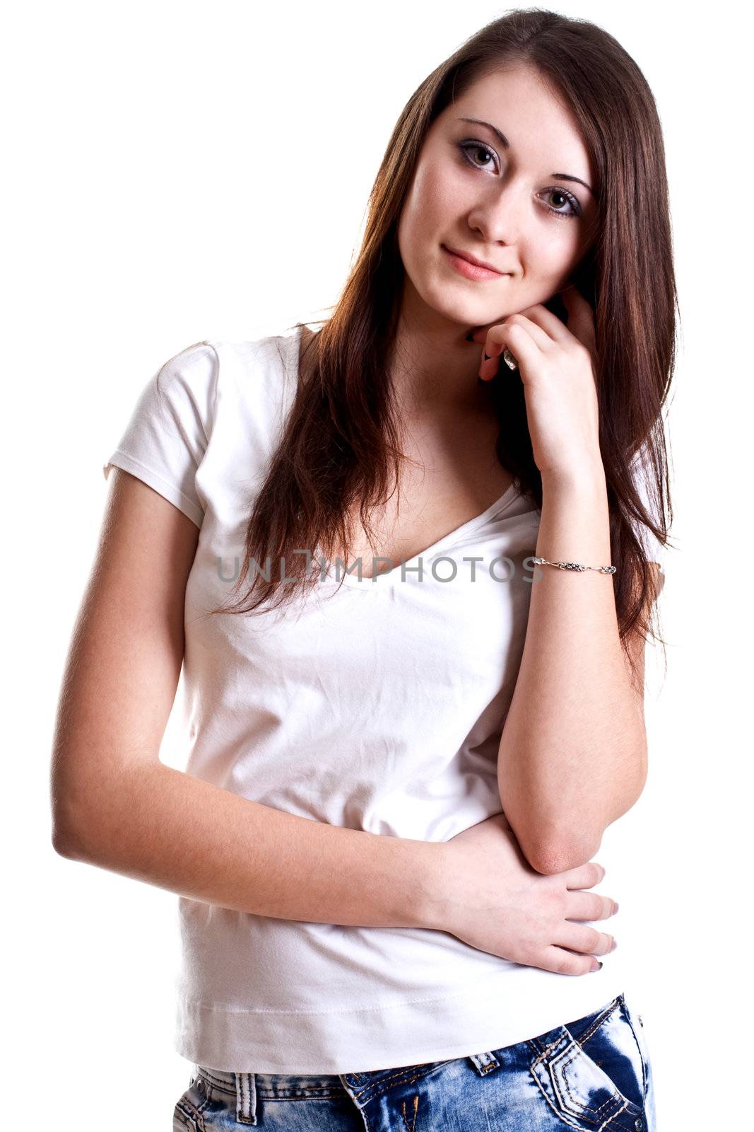 smiling young woman posing on a white background