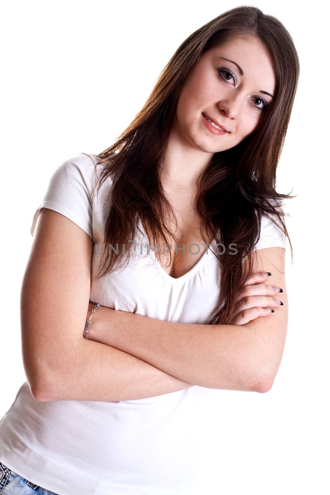 smiling young woman posing on a white background